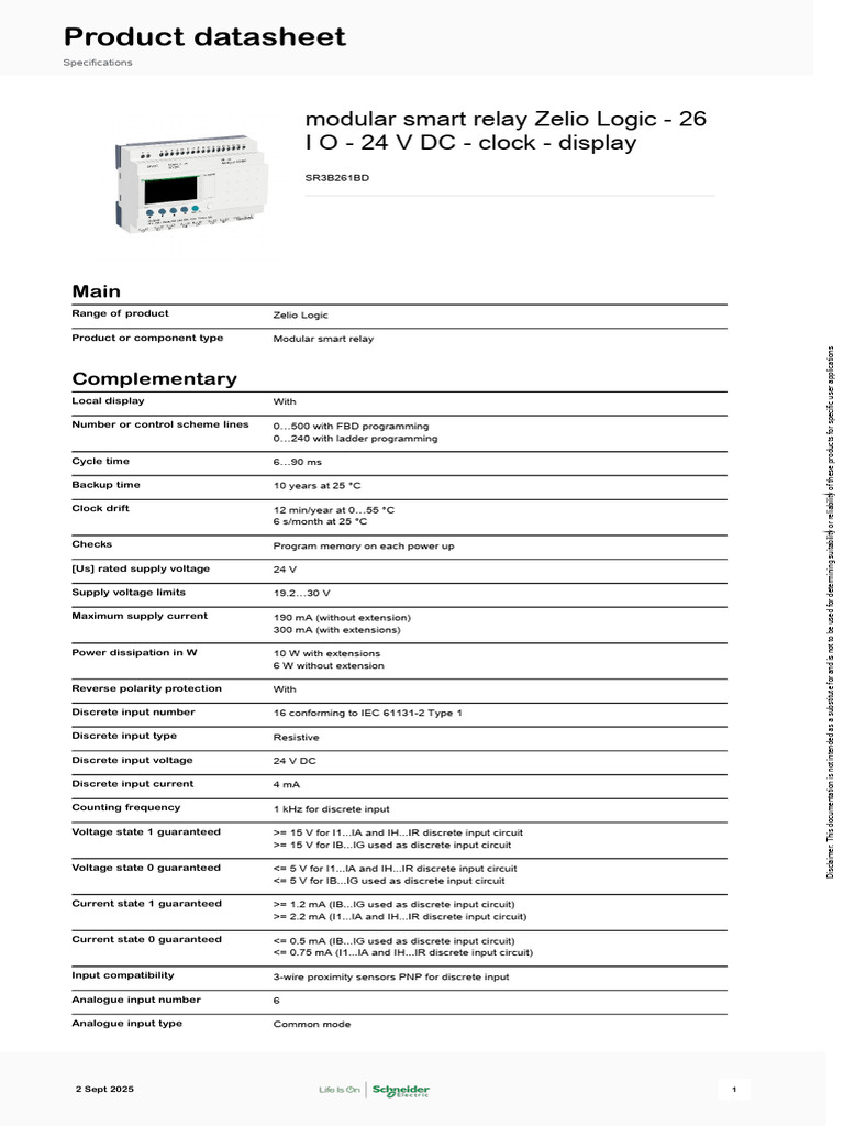 Schneider Electric Zelio Logic SR2 SR3 SR3B261BD | PDF | Relay ...