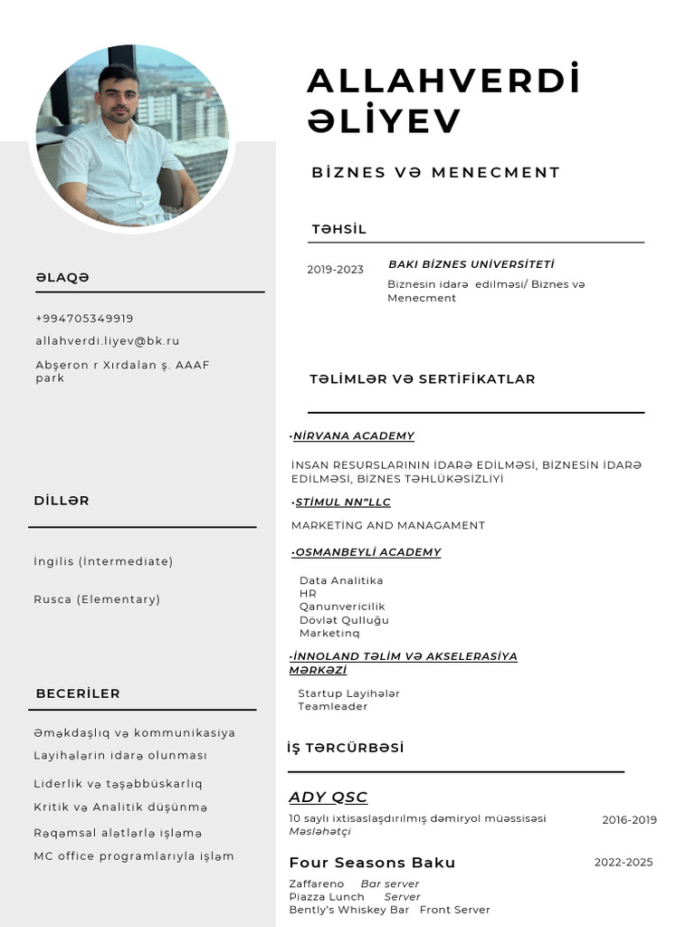Əliyev Allahverdi CV | PDF