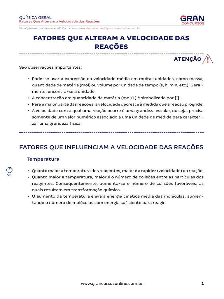 Fatores que Influenciam a Velocidade das Reações | PDF | Cinética ...