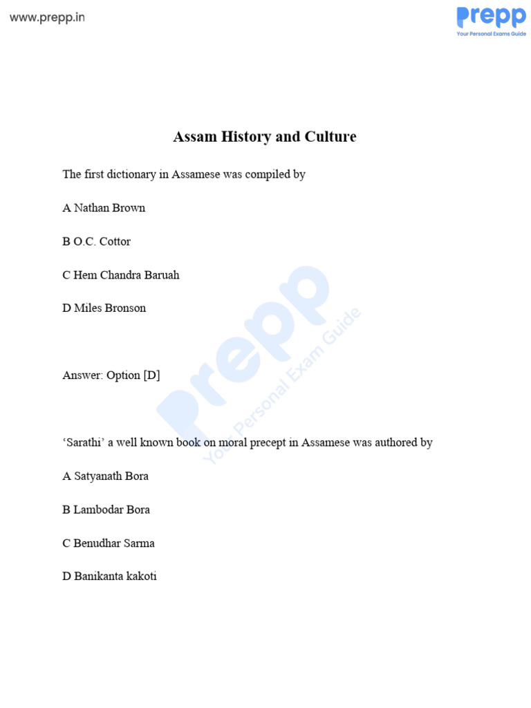 Assam SI History and Culture of Assam Model Paper | PDF