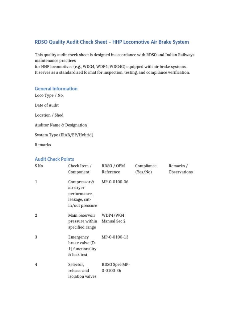 RDSO Air Brake System Audit Checklist | PDF | Leak | Mechanical Engineering
