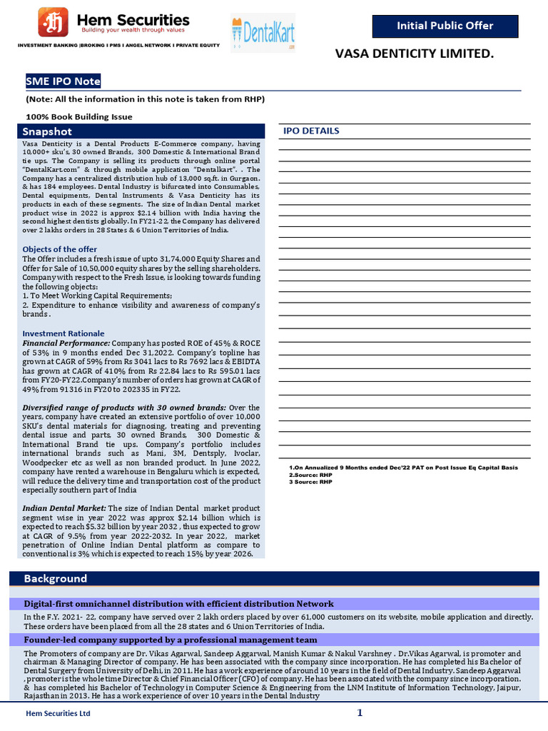 Vasa Denticity Ipo Note | PDF | Dentistry | Expense