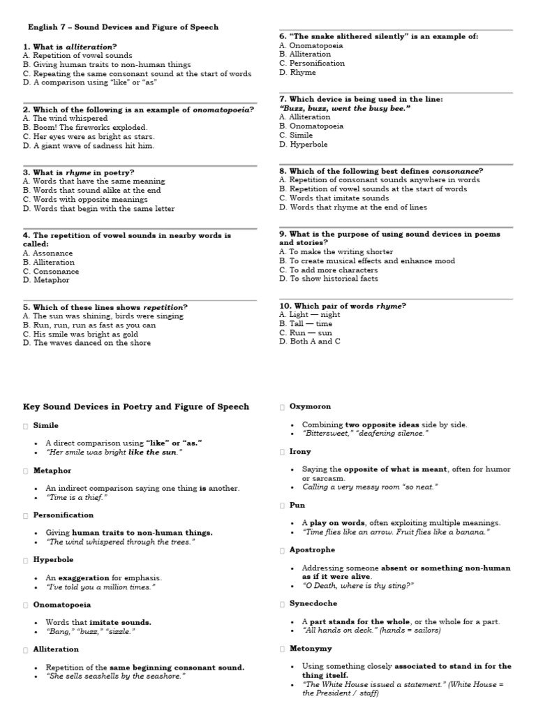 Sound Devices for Grade 7 English | PDF | Rhyme | Poetry
