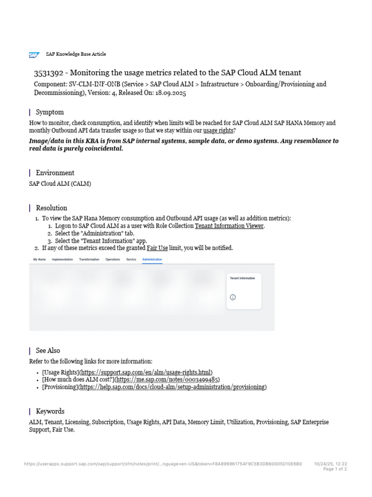 Monitoring The Usage Metrics Related To The SAP Cloud ALM Tenant | PDF