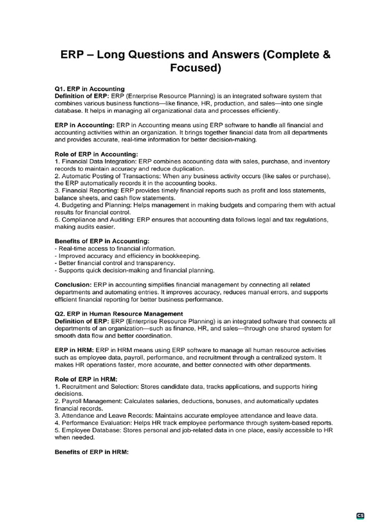ERP Long Questions Answers | PDF