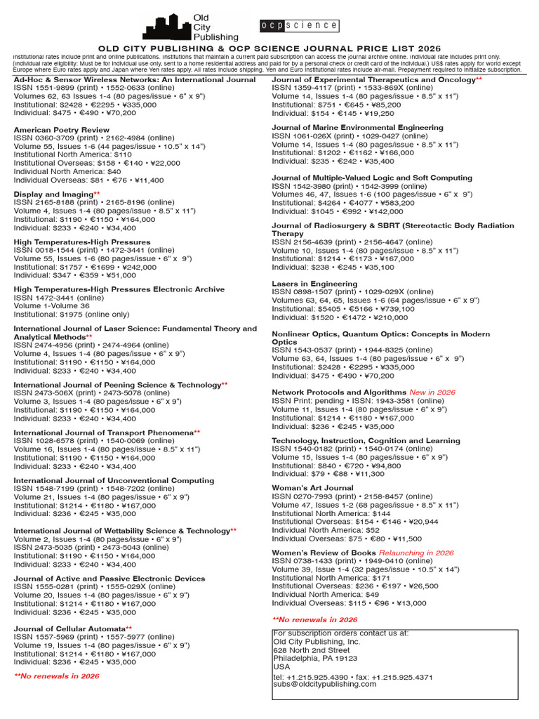 Journal Subscription Price List 2026 | PDF