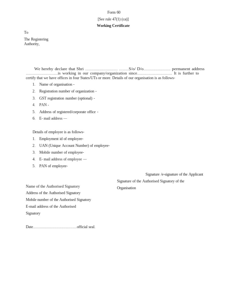Form 60 Working Certificate Template | PDF