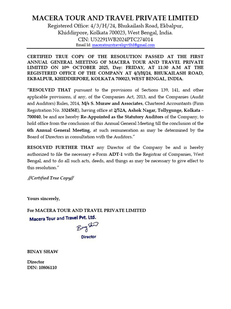 AGM Resolution for Macera Tour Travel | PDF