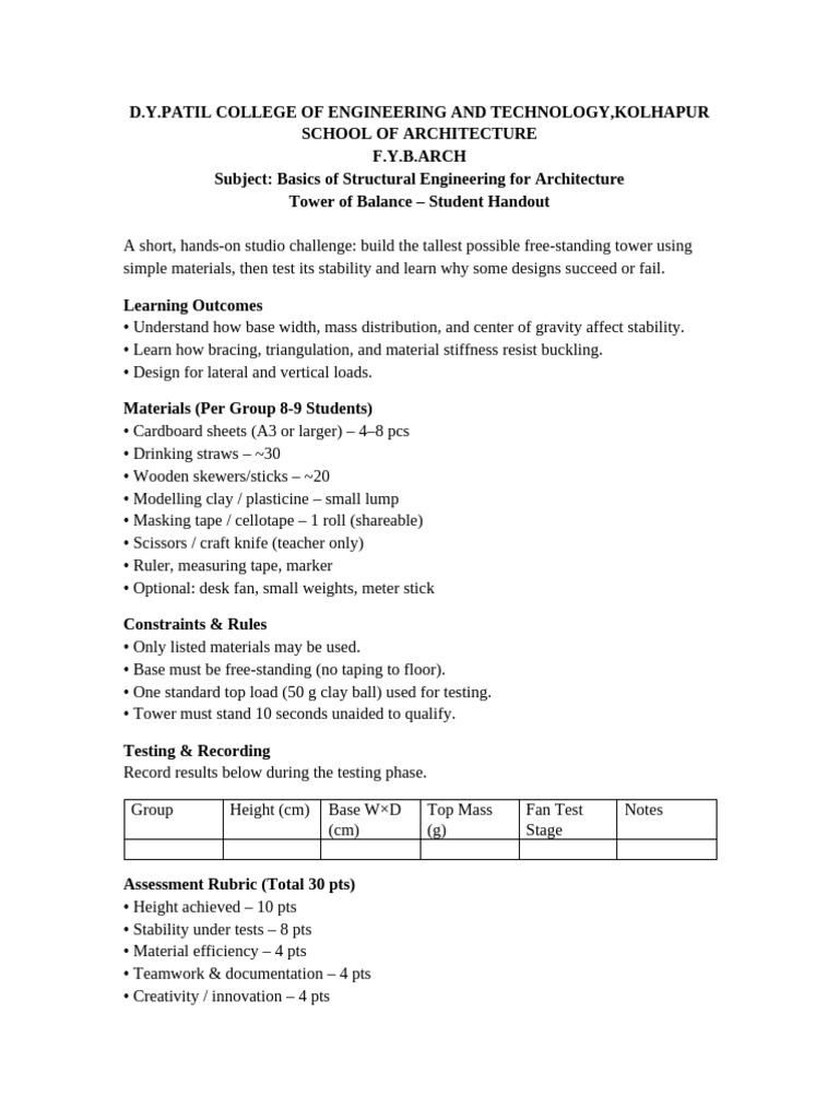 Tower of Balance: Structural Engineering Challenge | PDF