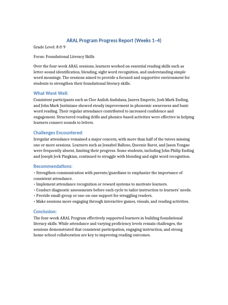 ARAL Program Progress Report Summary | PDF