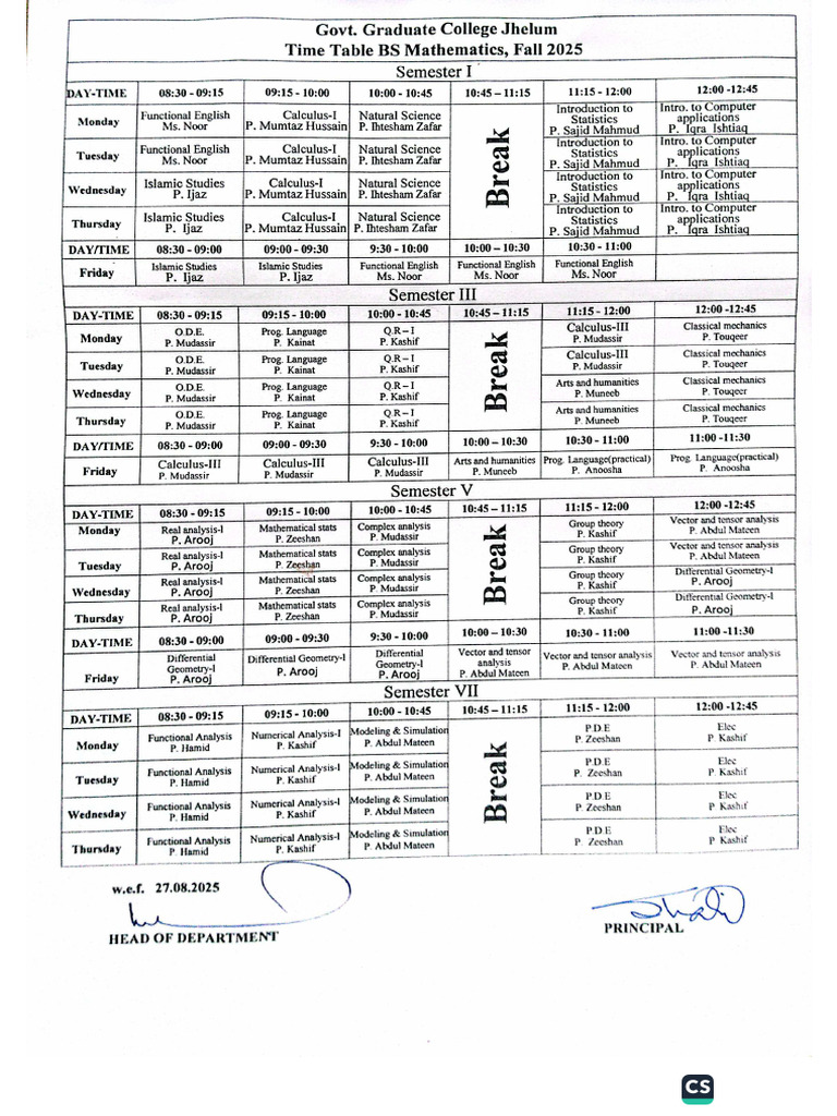 Updated Timetable of BS Maths W.e.f.27.08.25 - 1 | PDF