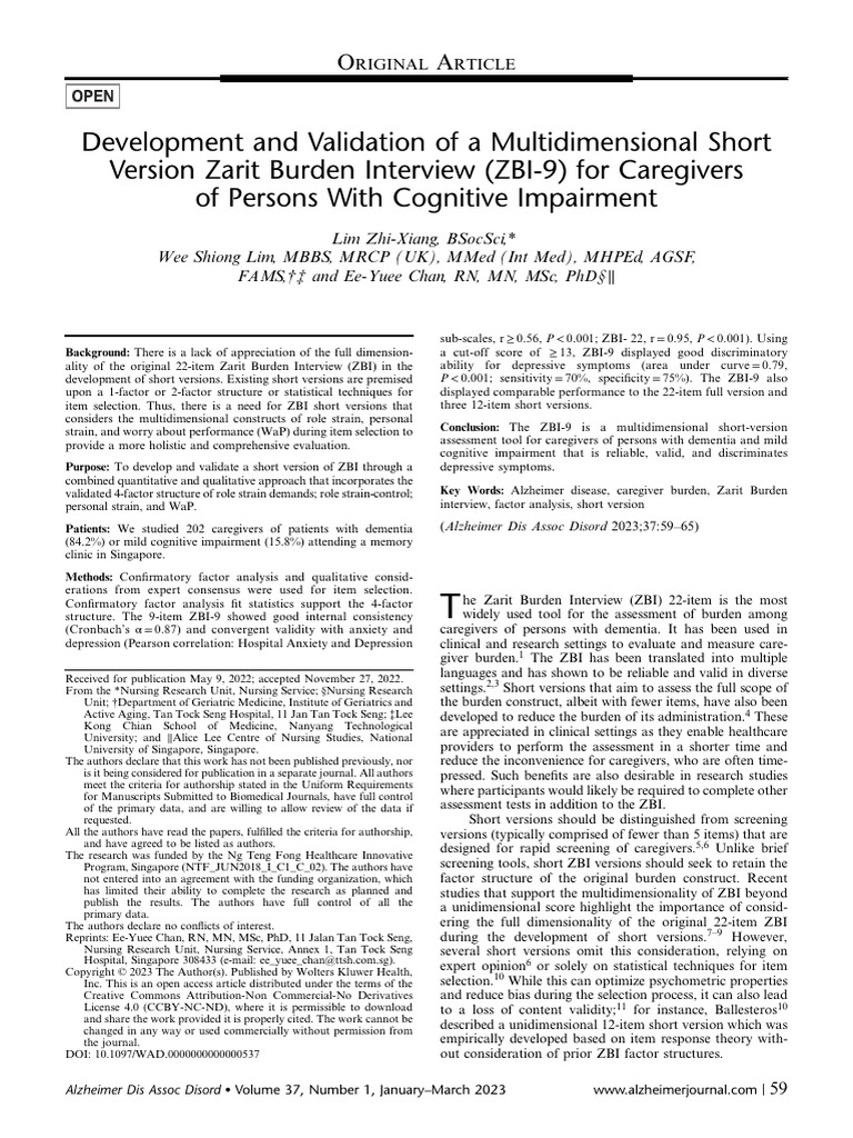 Validation of ZBI-9 for Caregiver Burden | PDF | Geriatrics | Dementia