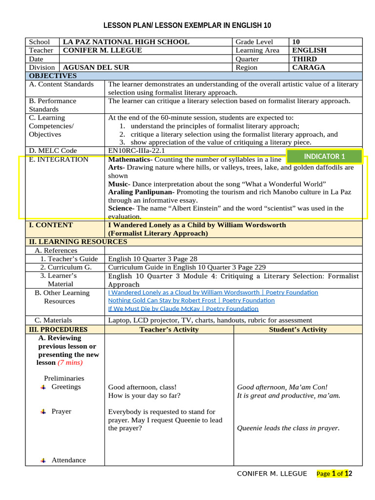English 10 Lesson Plan: Formalist Approach | PDF | Poetry | Poetics