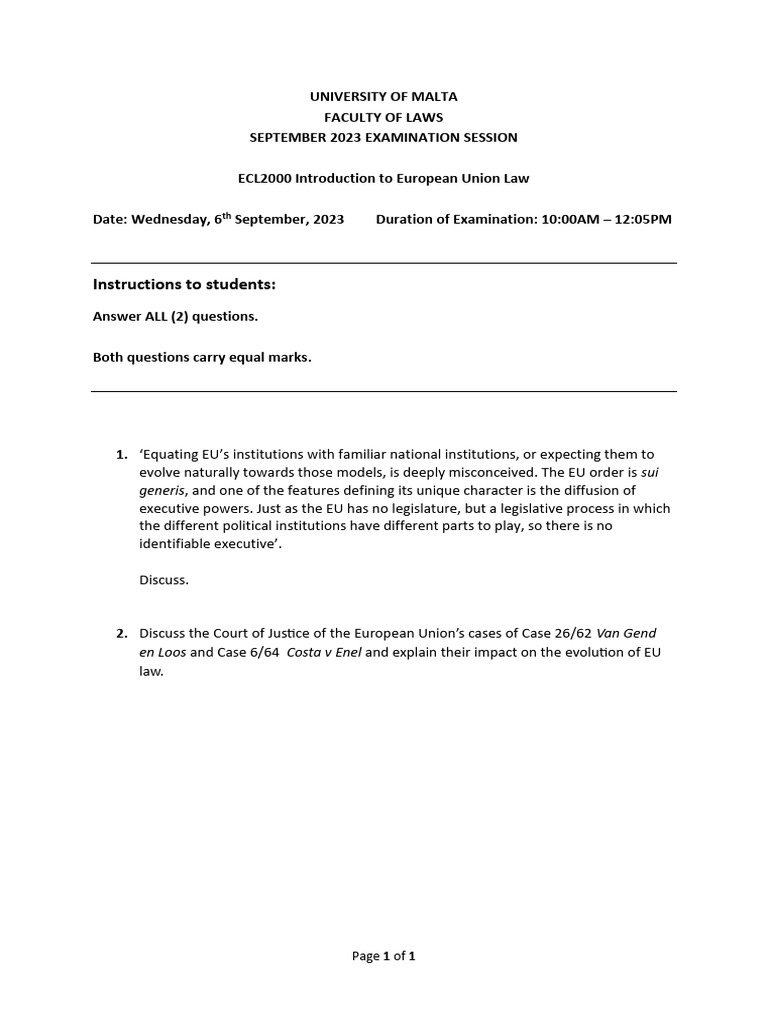 EU Law Exam Questions - September 2023 | PDF