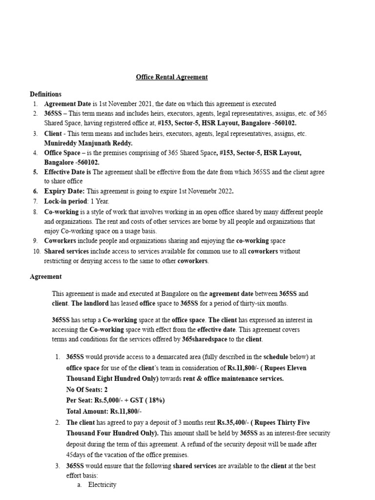 365SharedSpace - Munireddy Manjunath Reddy Draft | PDF | Lease ...