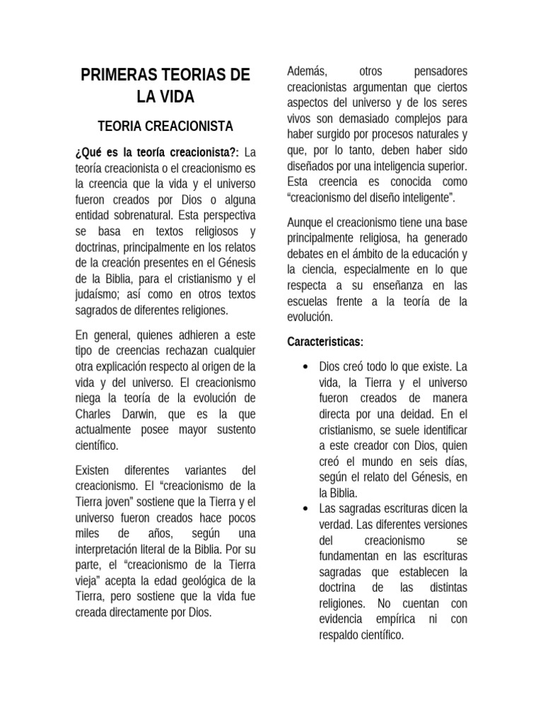 Teorías del Origen de la Vida: Creacionismo y Más | PDF | Creacionismo ...