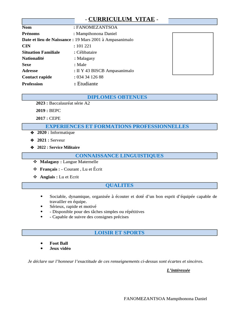 CV de Mampihonona Daniel FANOMEZANTSOA | PDF