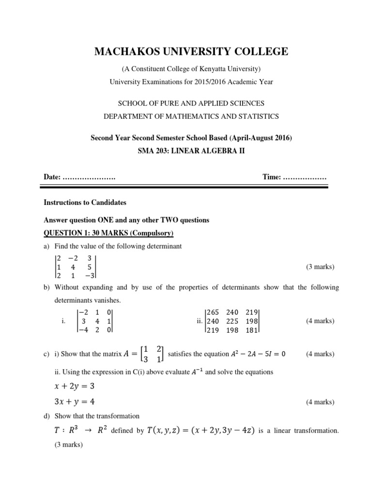 Linear Algebra II Exam Questions | PDF | Matrix (Mathematics ...