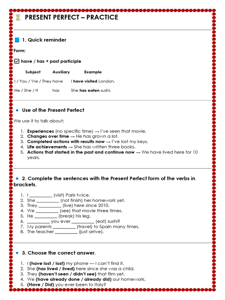 Present Perfect Grammar Exercises | PDF | Language Mechanics ...