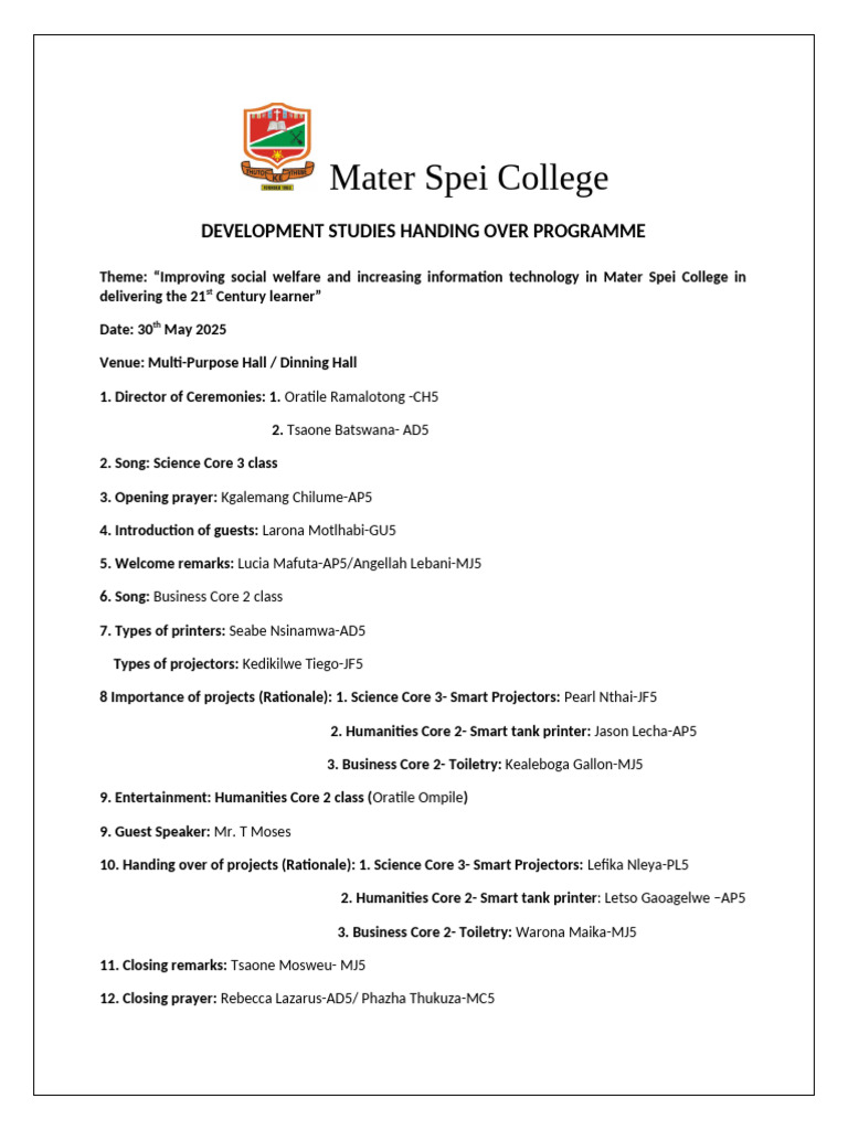 Mater Spei College Development Program | PDF