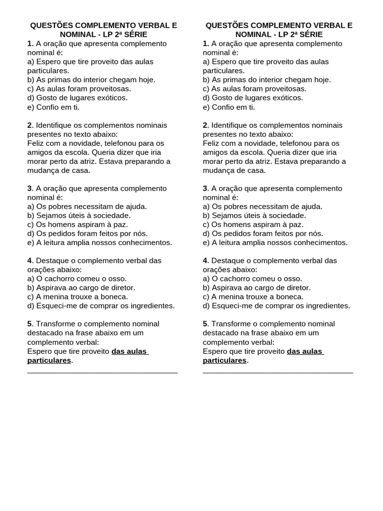 Questões sobre Complemento Verbal e Nominal | PDF