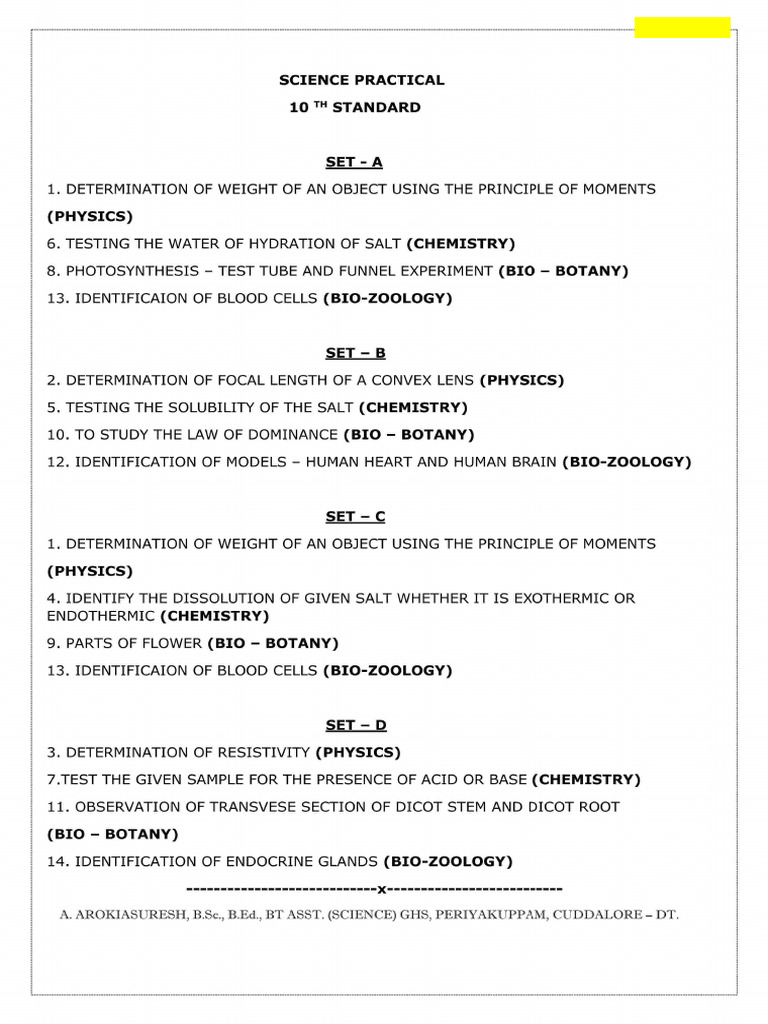 10 TH Science Practical EM Set | PDF