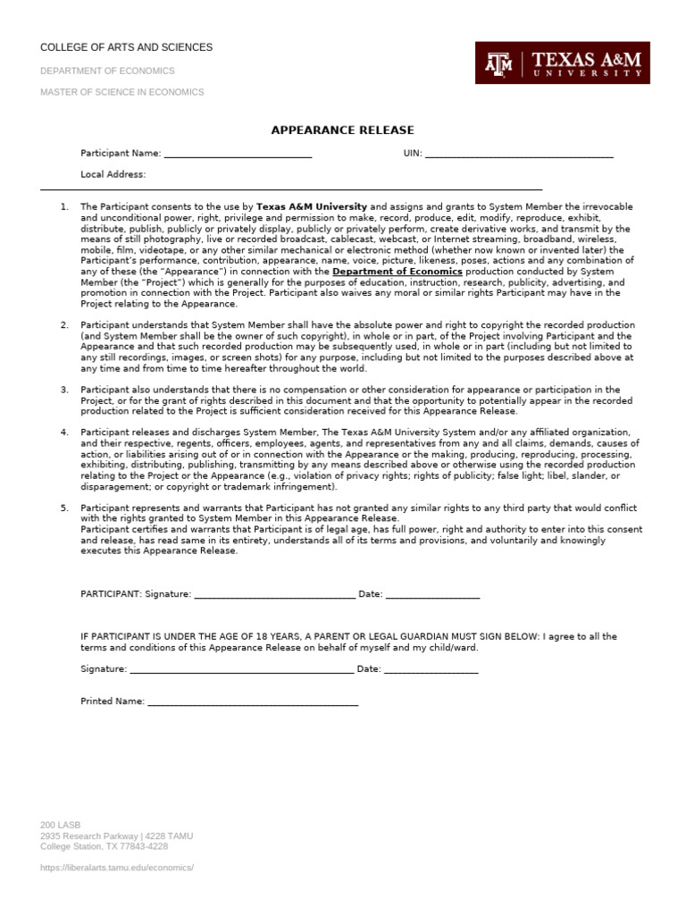Appearance Release Form | PDF | Copyright | Common Law
