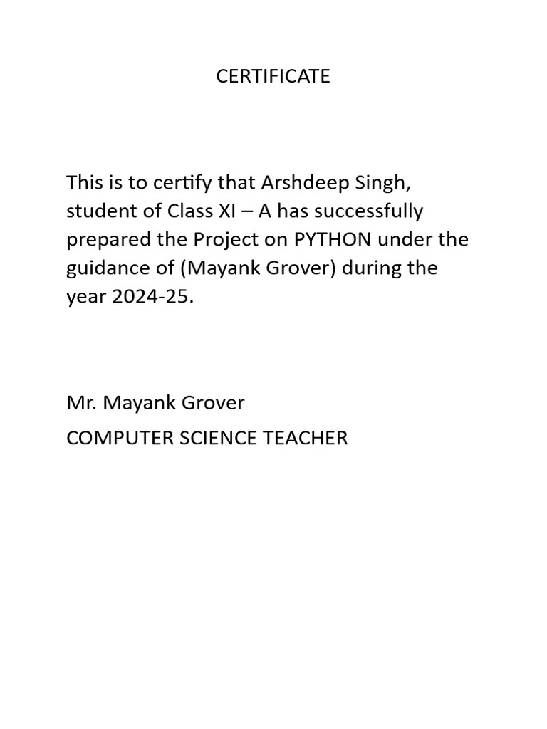 Python Project Certificate for Arshdeep Singh | PDF