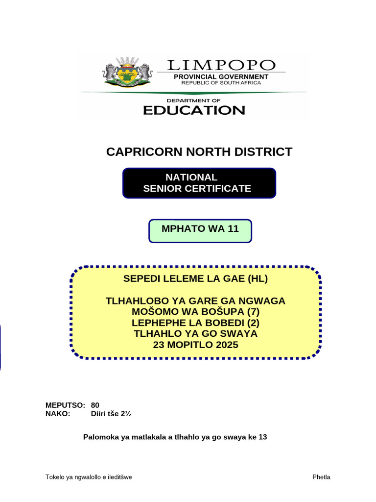 Sepedi HL p2 Grade 11 Mid - Year Exam 2025 MG | PDF
