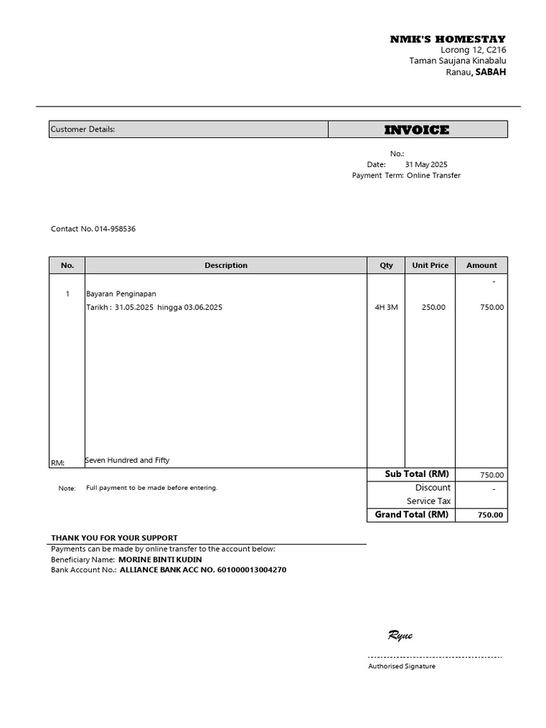 NMK's Homestay Invoice for Booking | PDF