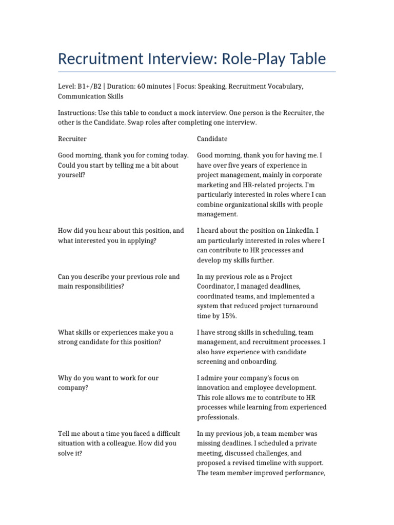 Mock Recruitment Interview Role-Play Guide | PDF | Recruitment | Business
