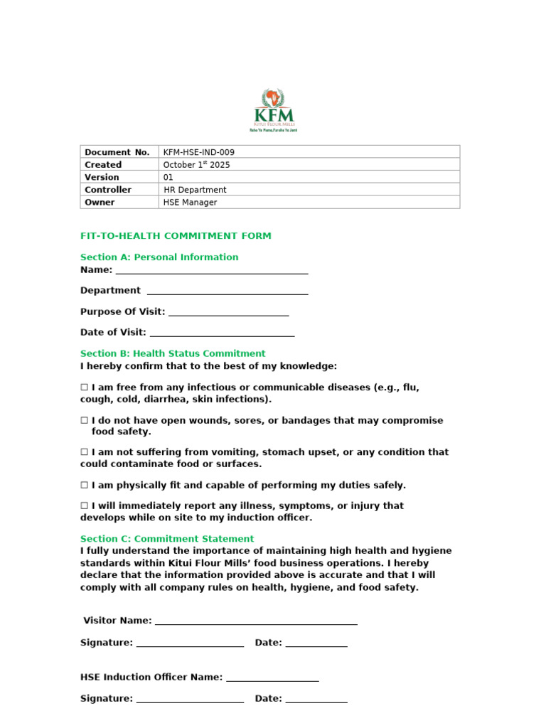 KFM Fit To Health Commitment Form | PDF