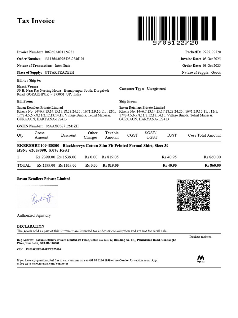 Tax Invoice for Blackberrys Shirt Purchase | PDF | Taxes | Government ...