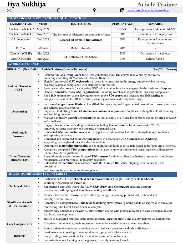 Jiya Sukhija: CA Trainee Profile | PDF | Audit | Taxes
