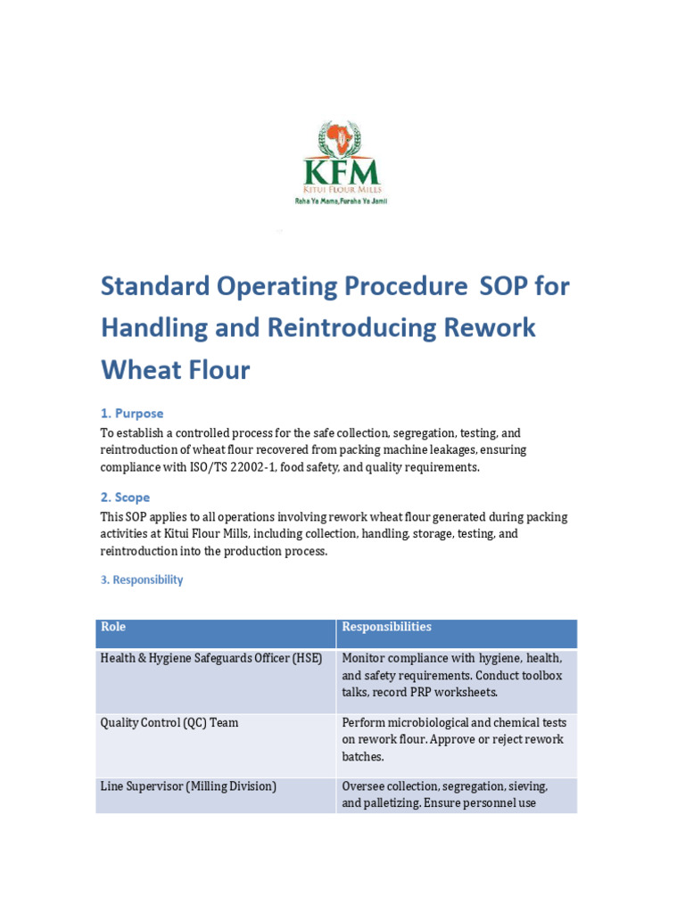SOP for Reintroducing Rework Wheat Flour | PDF | Food Safety | Personal ...