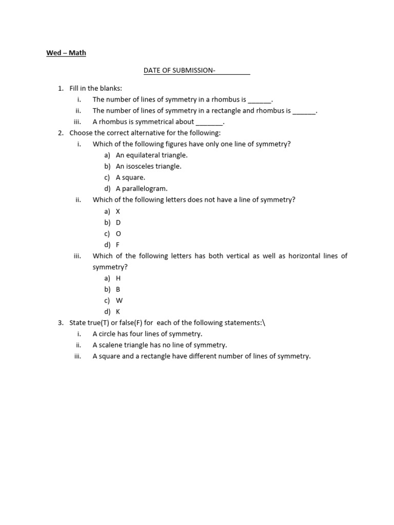 Class 6 Symmetry Worksheet | PDF