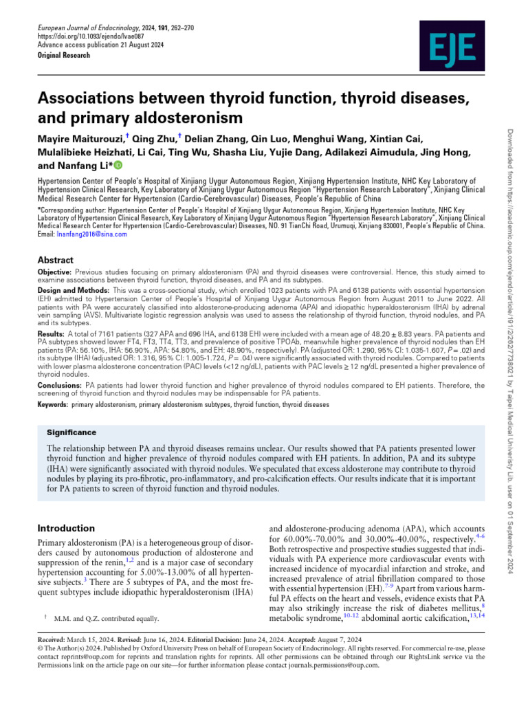 Associations Between Thyroid Function Thyroid Diseases and Primary ...