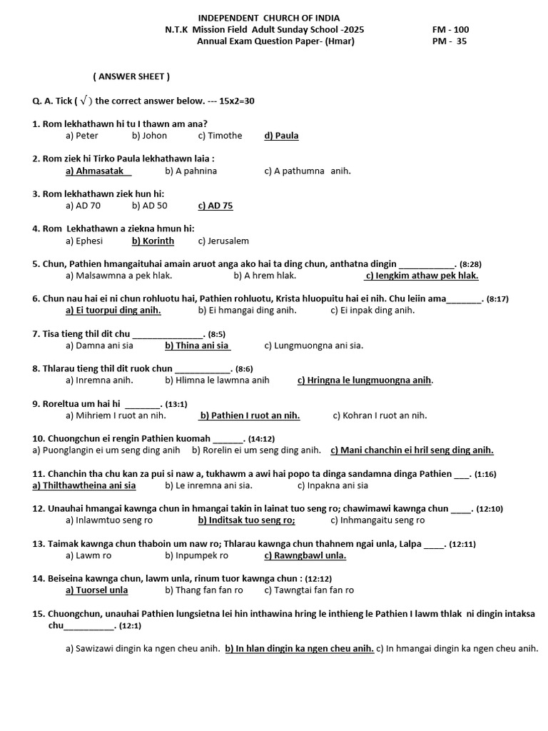 Sunday School Exam Paper 2025 | PDF | Chess Openings | Chess Theory