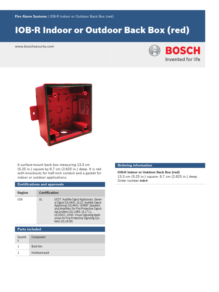 IOB-R Back Box Specifications | PDF