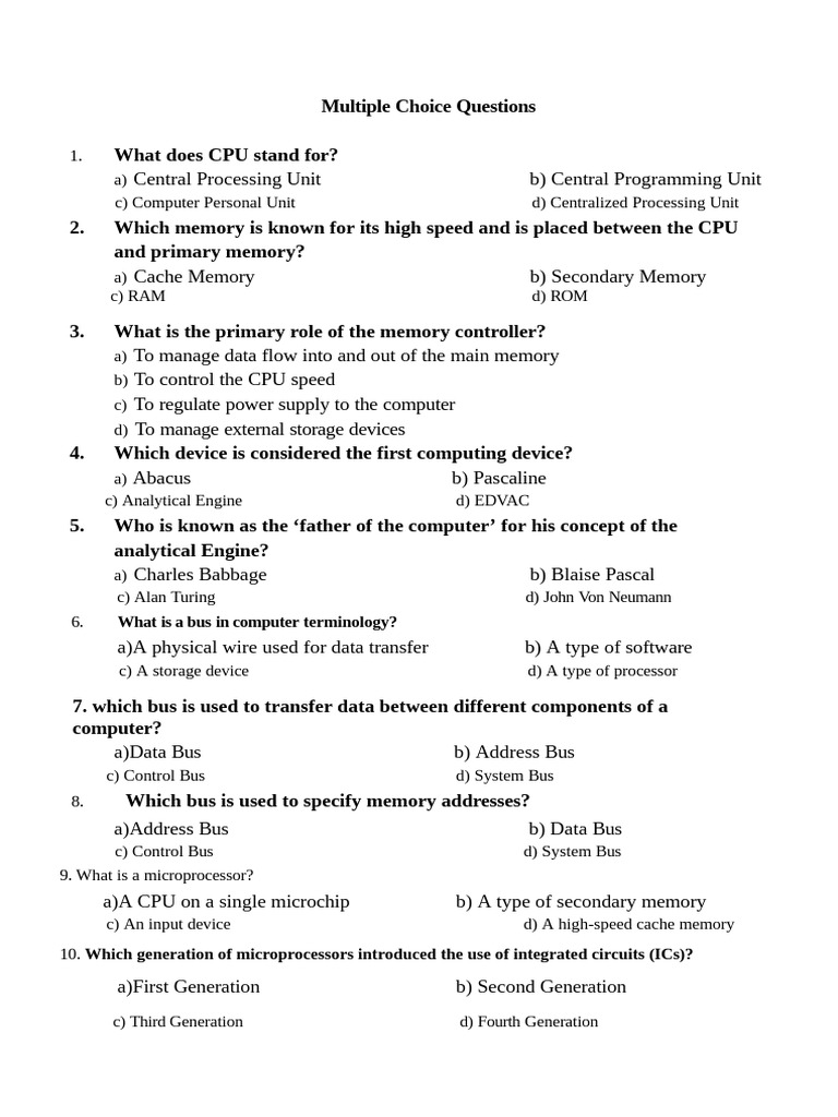 Computer Science Quiz Questions | PDF | Computer Data Storage | Central ...