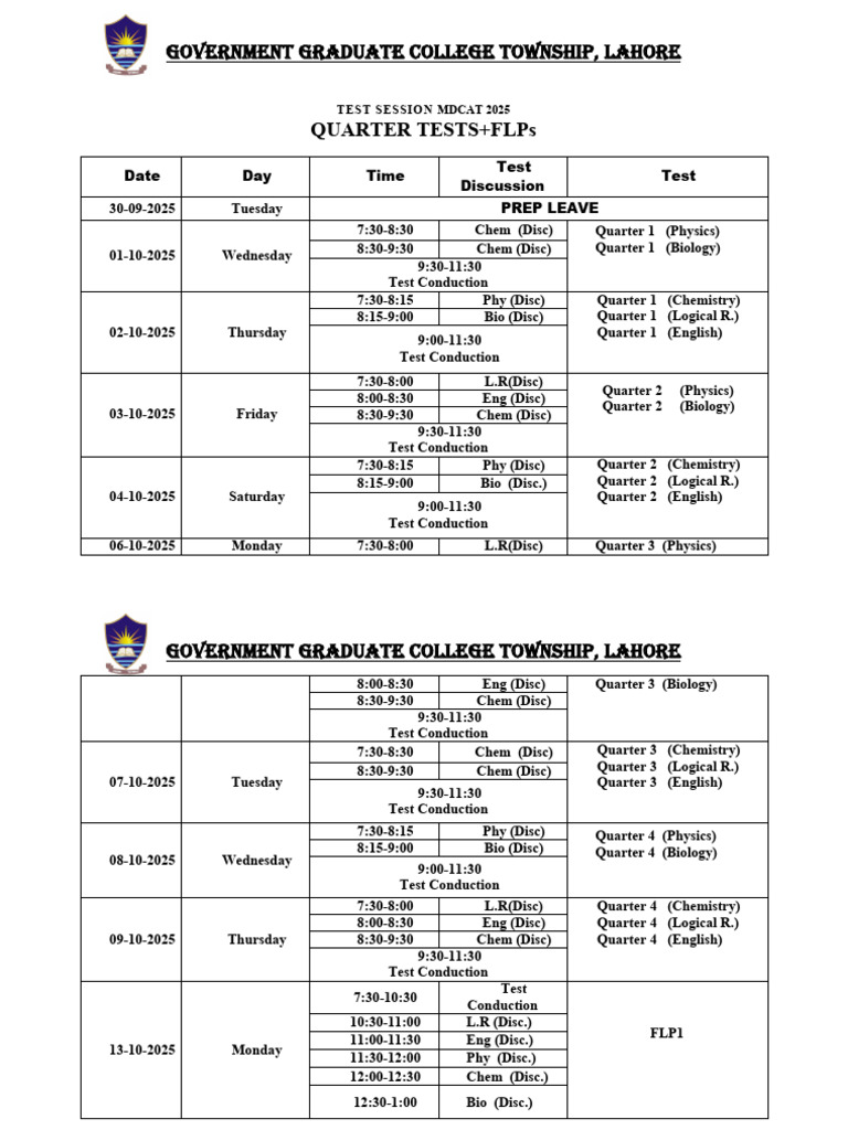 MDCAT 2025 FLPs Test Schedule | PDF