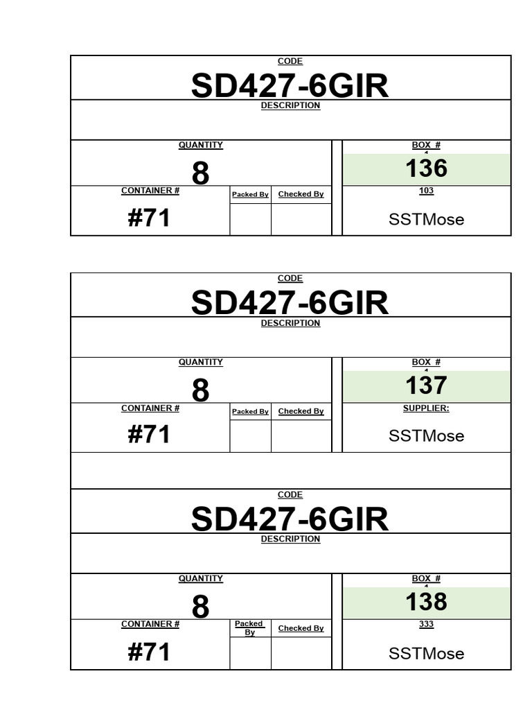 71 RM Product Master List Packiing List-15 - Box Labels 68 | PDF