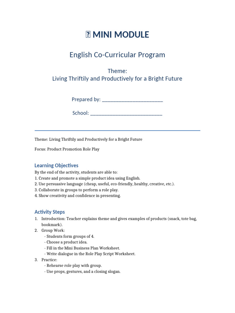 Mini Module English CoCurricular With Cover | PDF | Learning | Human ...