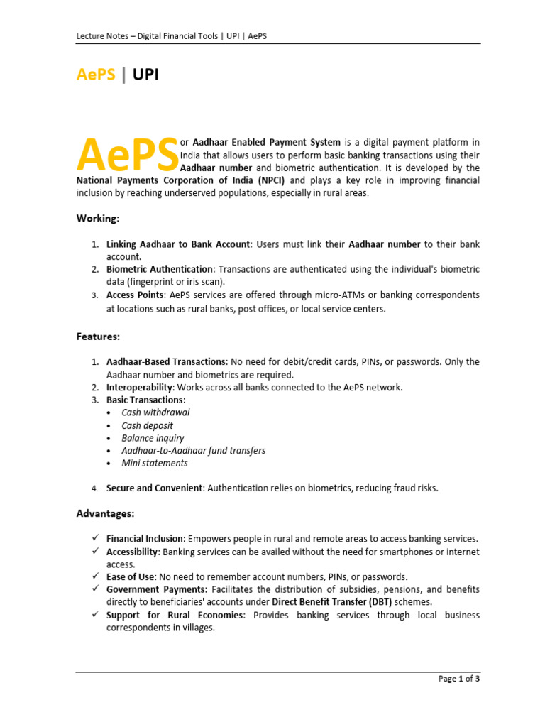 Understanding AePS and UPI Systems | PDF | Service Industries | Banking ...