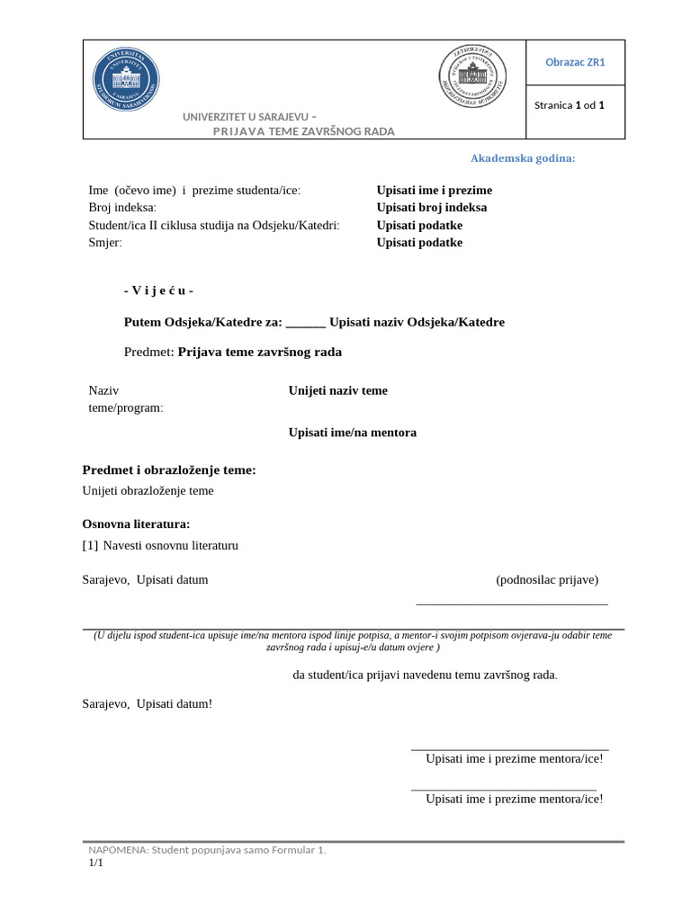 Obrazac ZR1 Prijava Teme Zavrsnog Rada II Ciklus | PDF