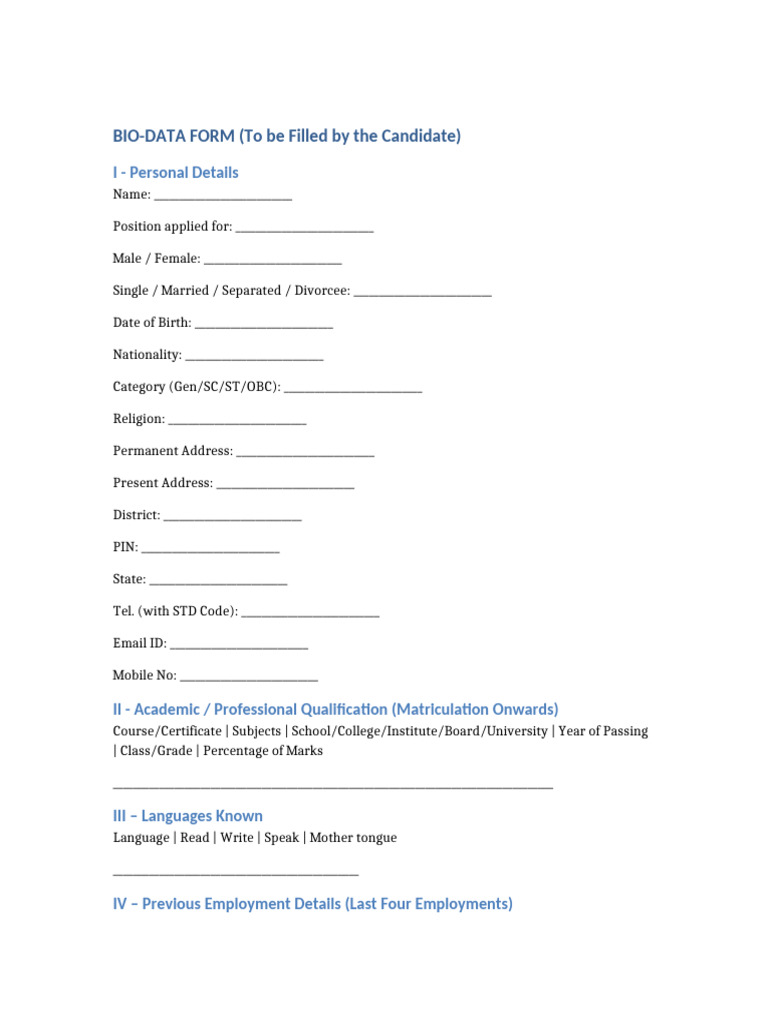 Candidate Bio-Data Form Template | PDF