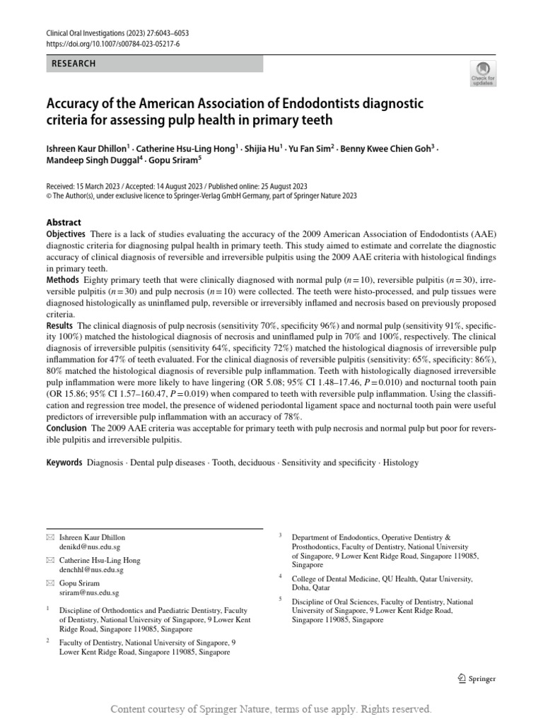 AAE Diagnostic Criteria for Pulp Health | PDF | Sensitivity And ...