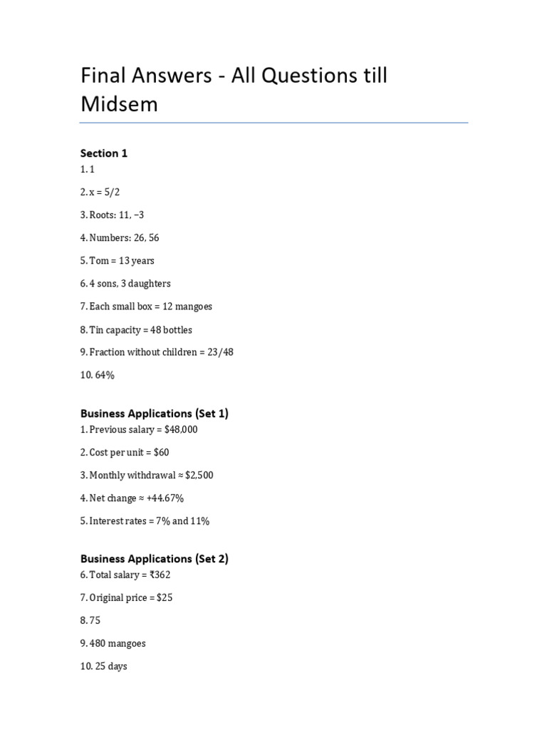 Final Answers All Questions Till Midsem | PDF | Arithmetic | Mathematics