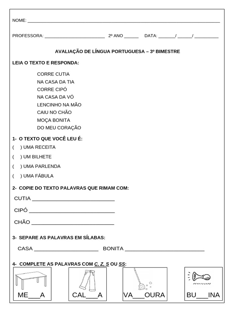 Avaliação de Língua Portuguesa 2º Ano | PDF