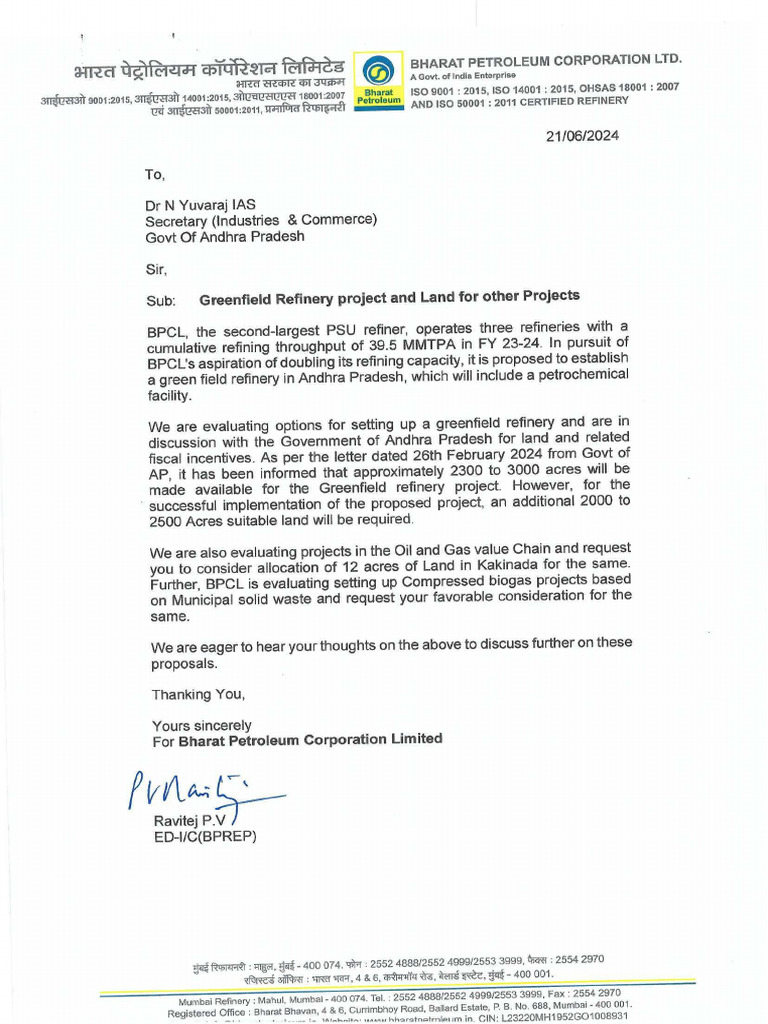 Letter To Secretary AP - Greenfield Refinery Project and Land For Other ...